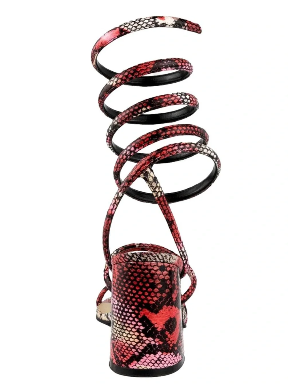 Sugar Red Snake-Print Spiraled Ankle Wrap Block Heel Sandal-New
